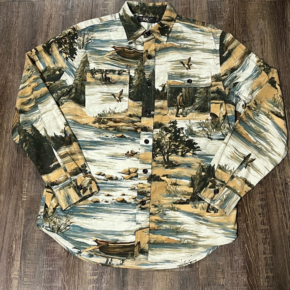 RRL Ralph Lauren Wetland Scene Chamois Flannel Shirt Workshirt Men's Medium
